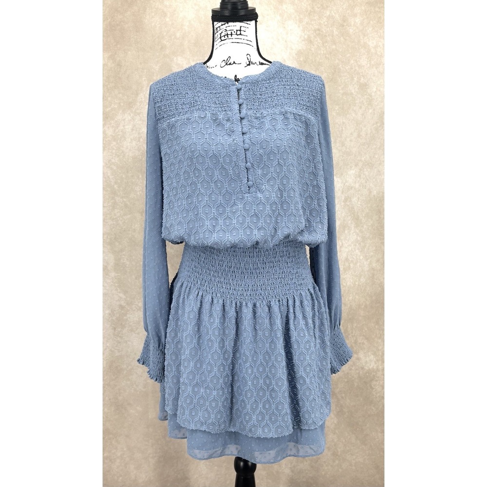 White House Black Market Mini‎ Dress Size Medium Smocked Waist Swiss Dot Blue
